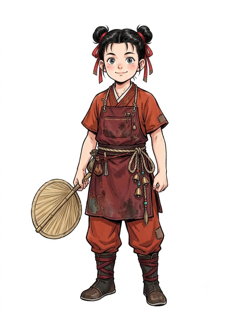 玄幻修仙 丹房童子 圆脸 红衣 持蒲扇 全身定妆照