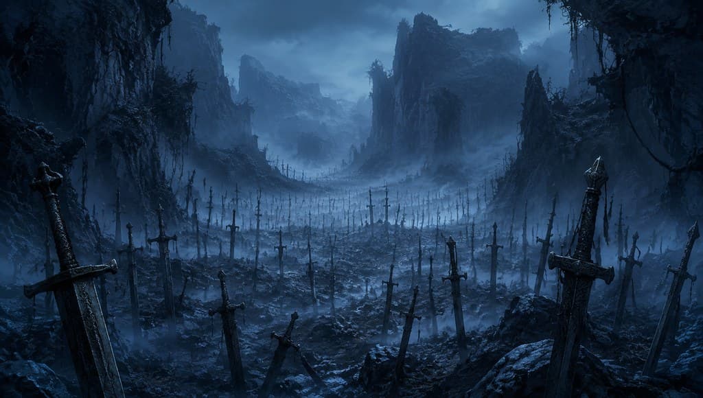 玄幻修仙 剑冢 万剑插地 山谷 雾 全景