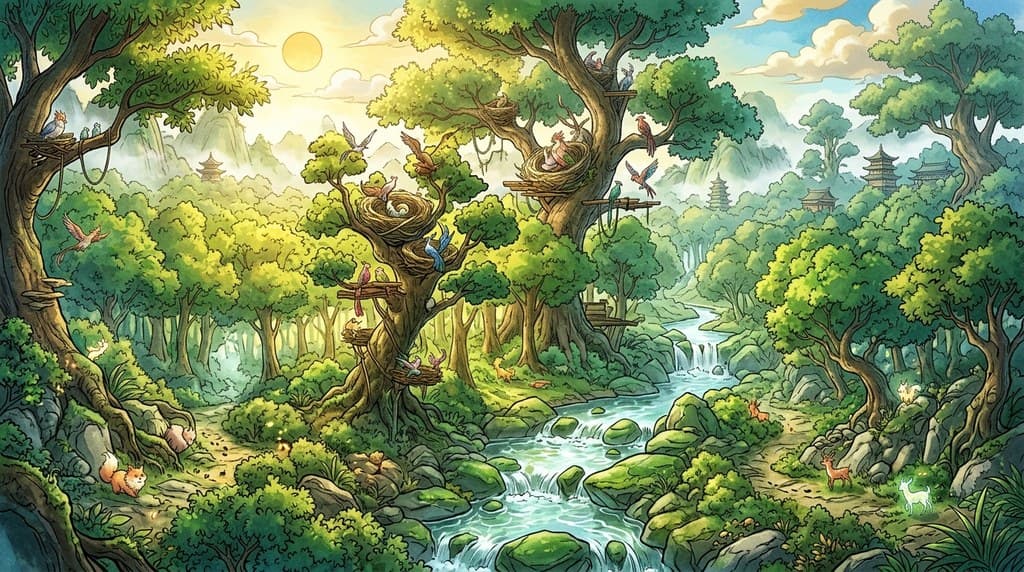 玄幻修仙 灵兽园 树林 灵禽 溪流 全景