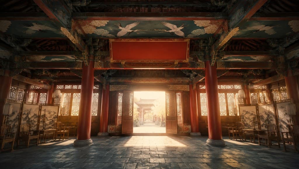 玄幻修仙 山门迎客殿 朱红 双柱 匾额素面 全景