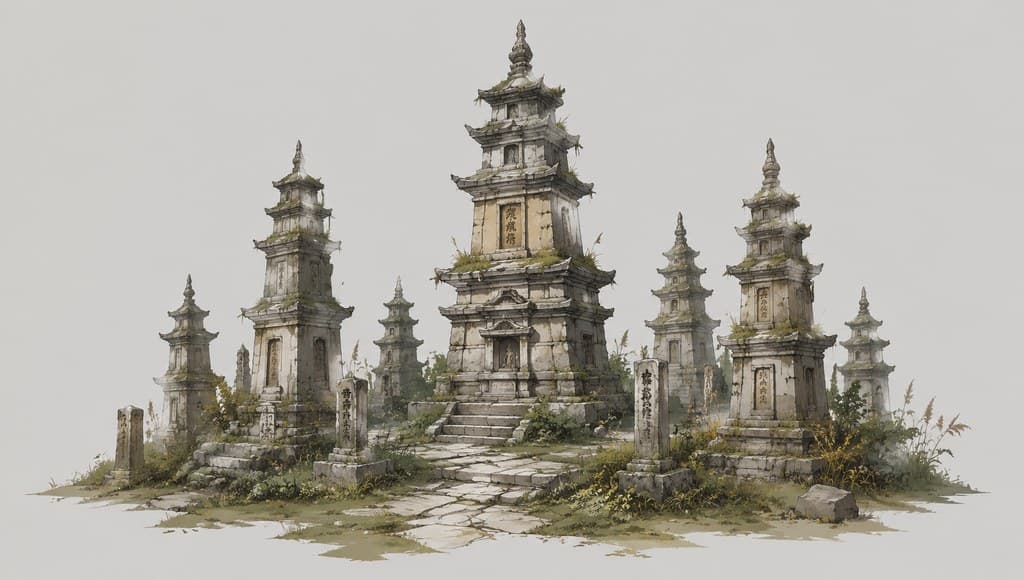 玄幻修仙 塔林 数座石塔 杂草 透视效果图