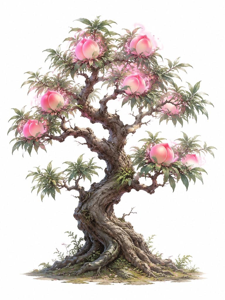 玄幻修仙 灵桃 枝头挂果 粉红 整株