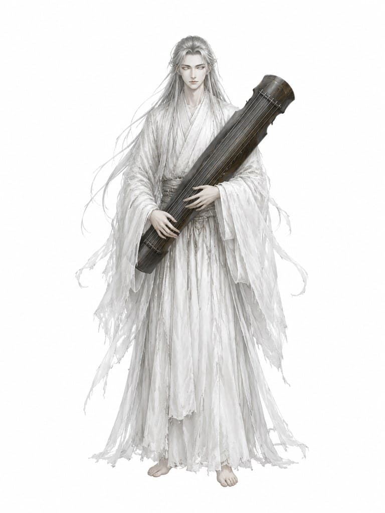 玄幻修仙 盲眼琴师 素袍 抱古琴 白瞳 全身定妆照