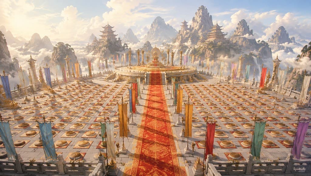 玄幻修仙 万仙大会 广场 群席 彩旗 全景
