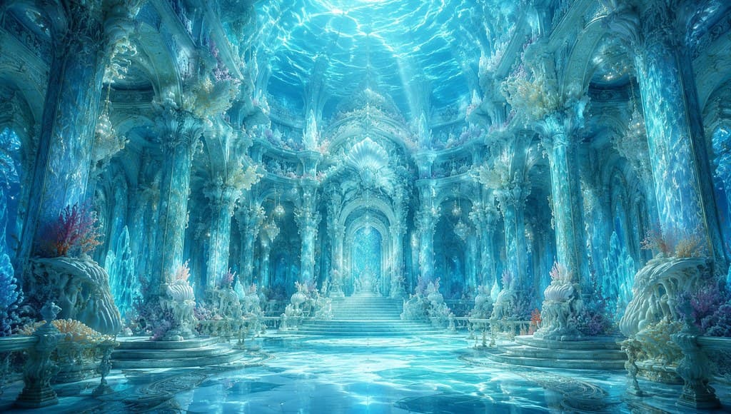 玄幻修仙 水下龙宫 珊瑚 水晶 光斑 全景
