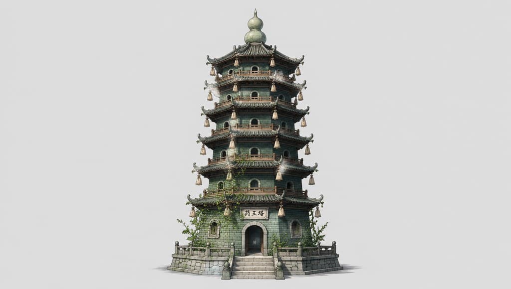 玄幻修仙 药王塔 七层 八角 挂药囊 透视效果图
