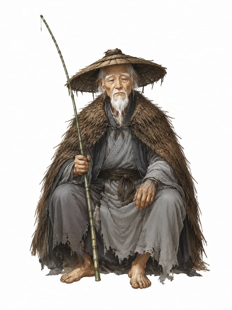 玄幻修仙 神秘老者 蓑笠 钓竿 独坐 全身定妆照