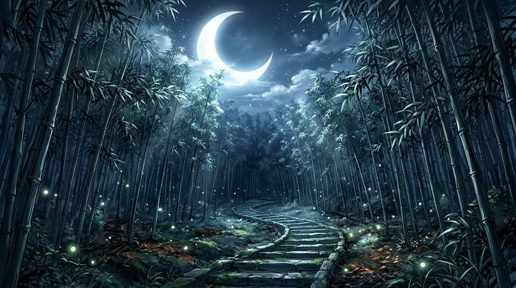玄幻修仙 月下竹林 幽静 月光 萤火 全景