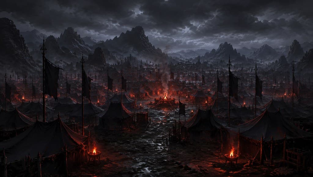 玄幻修仙 魔道大营 黑旗 营帐 火光 全景