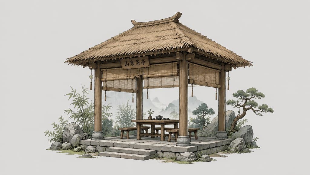 玄幻修仙 茶亭 茅草顶 木柱 素帘 透视效果图