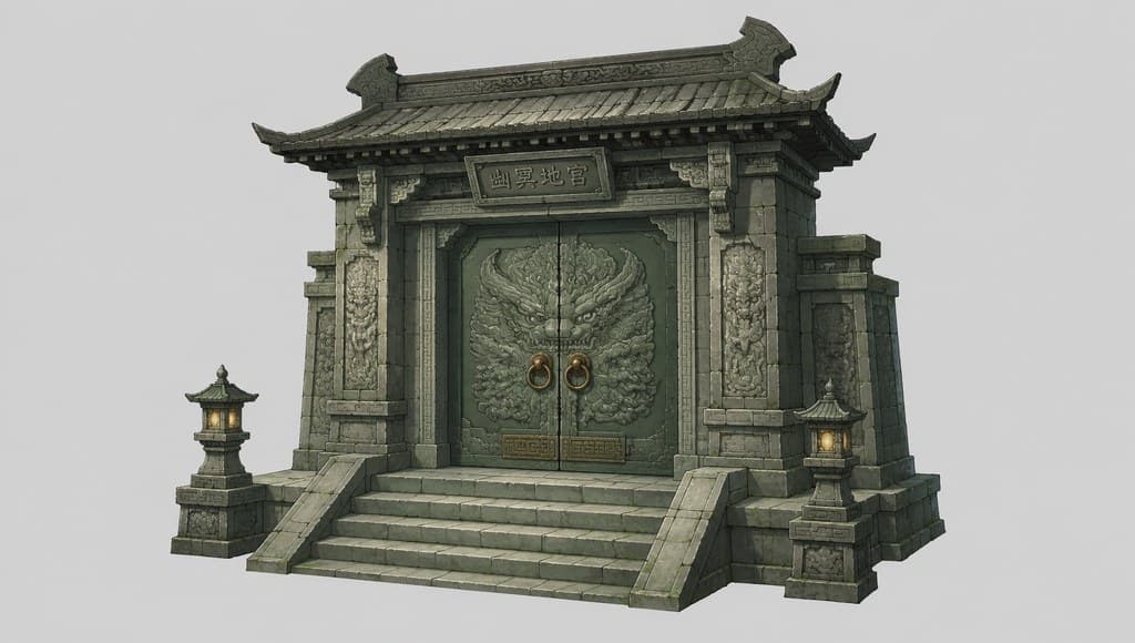 玄幻修仙 地宫入口 石门 兽纹 台阶 透视效果图