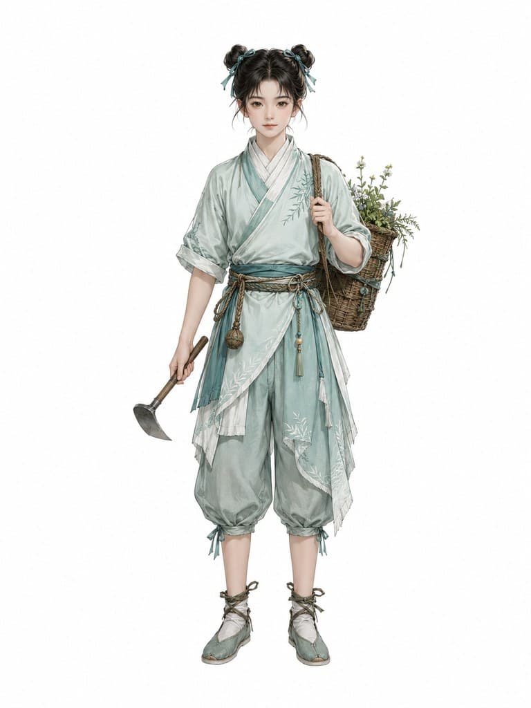 玄幻修仙 药童 青衫 持药锄 清秀 全身定妆照