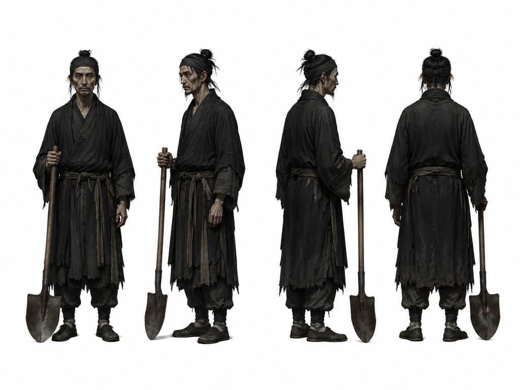 玄幻修仙 守墓人 黑衣 铁锹 四视图