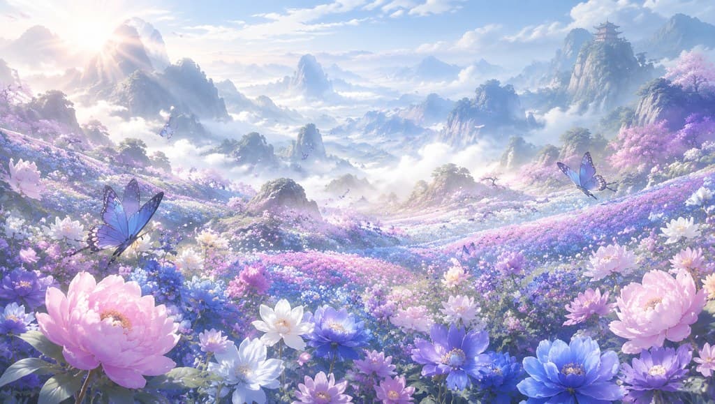 玄幻修仙 花海 灵花 漫山 蝶舞 全景