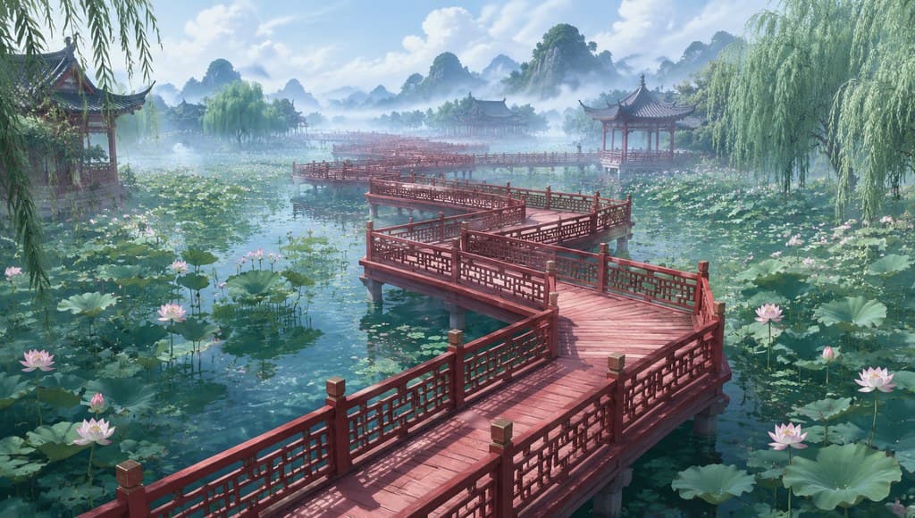 玄幻修仙 九曲回廊 木桥 荷塘 全景