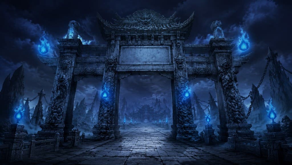 玄幻修仙 幽冥地府 门 鬼火 牌楼 全景