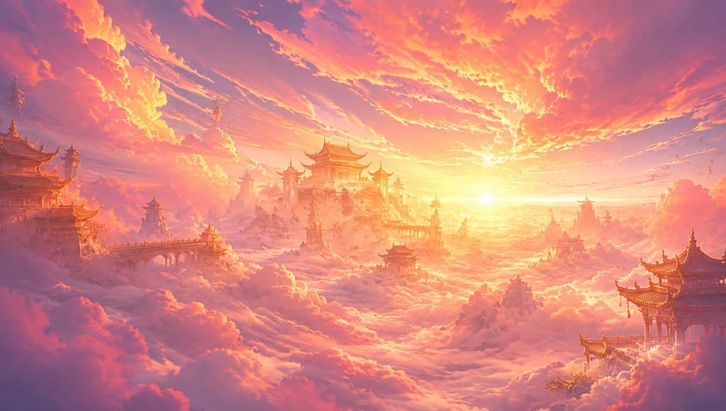 玄幻修仙 彩霞云端 仙宫 隐现 全景