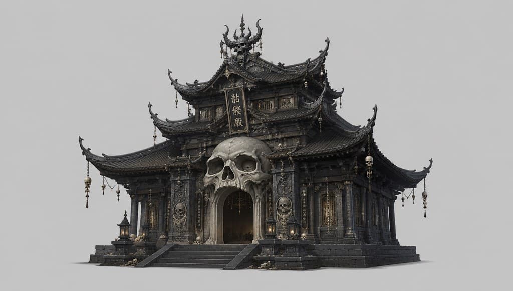 玄幻修仙 骷髅殿 头骨 黑石 威严 透视效果图