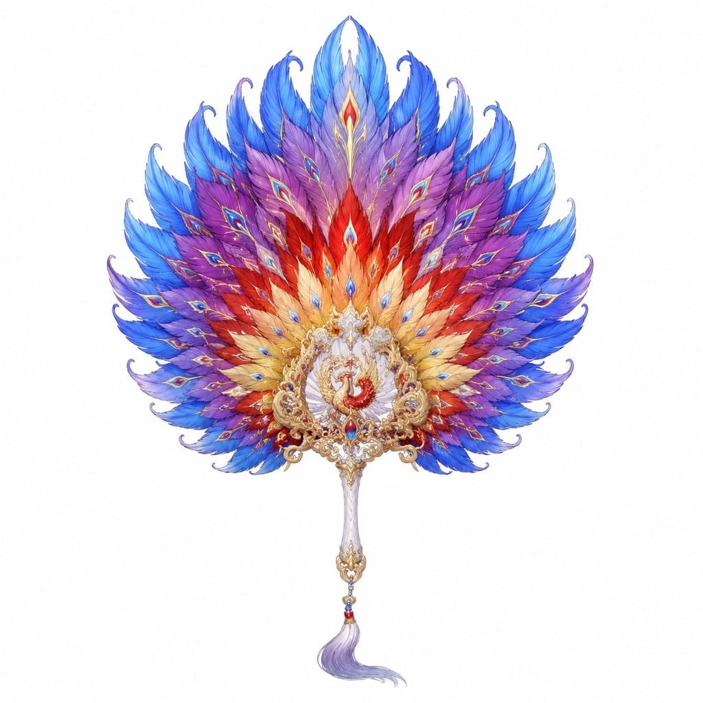 玄幻修仙 凤羽扇 五彩 羽扇 正面