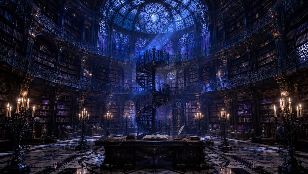 乙女执事 哥特庄园大图书馆 落地书架烛台 月光玻璃穹顶 漫画场景图 全景