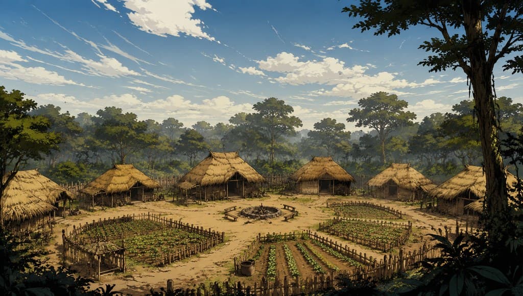 Primal forest clearing thatched huts fenced farmland