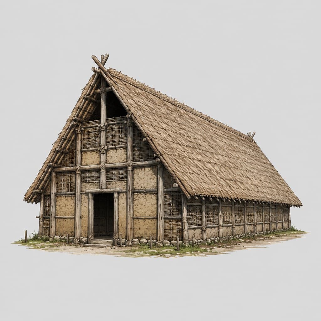 Primal thatched longhouse wooden frame