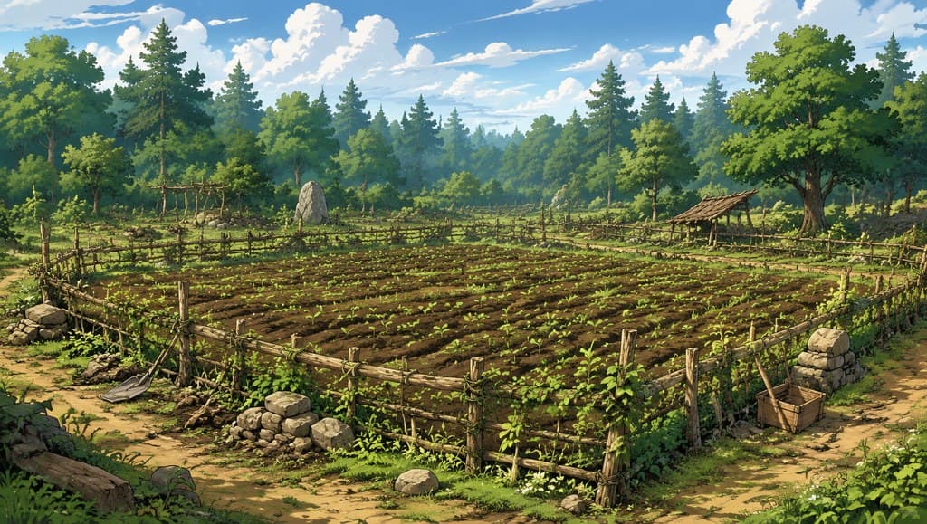 西幻种田 开垦农田 围栏 作物幼苗 森林边缘 全景