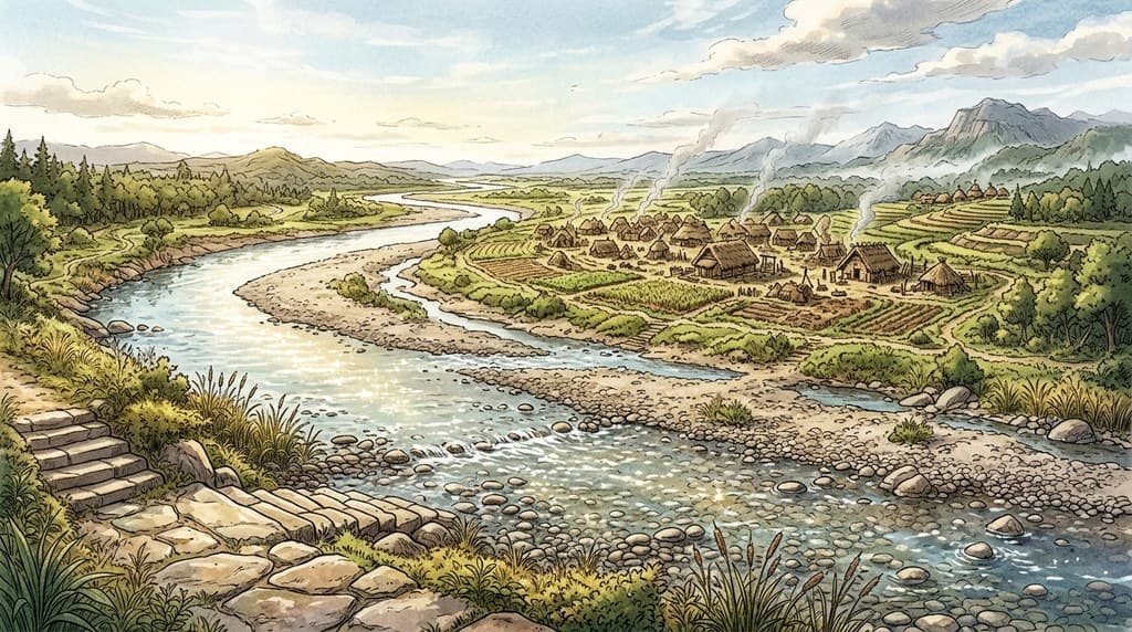 西幻种田 河边浅滩 卵石 流水 取水点 全景