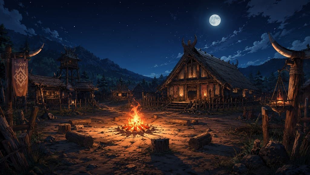 西幻种田 夜晚篝火聚会 火光 人影 月夜 全景