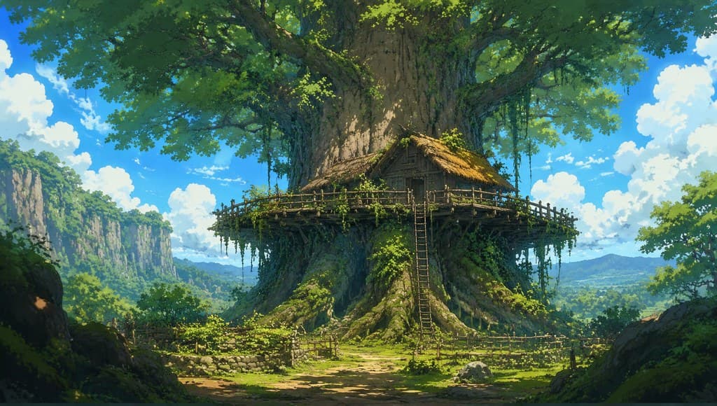 西幻种田 森林深处的精灵树屋 木平台 藤梯 全景