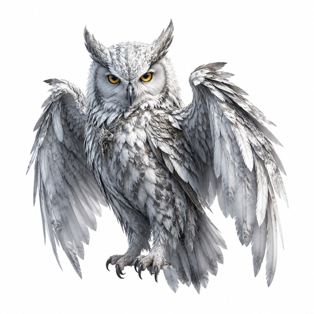 西方魔幻银白猫头鹰雪羽金瞳全身主视图
