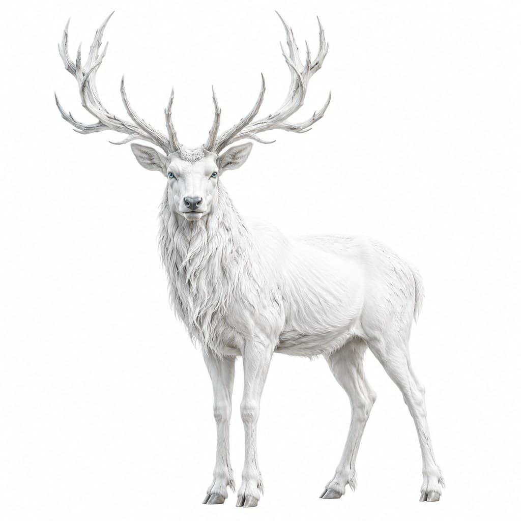 西方魔幻白鹿雪白毛银角蓝眼全身主视图