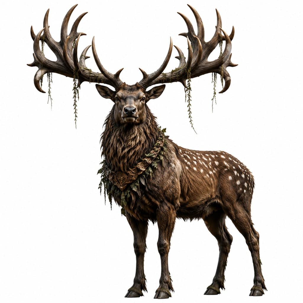 西方魔幻林地巨鹿棕毛巨角白斑全身主视图