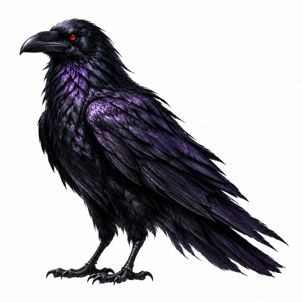 西方魔幻深渊渡鸦黑羽红眼暗紫光全身主视图