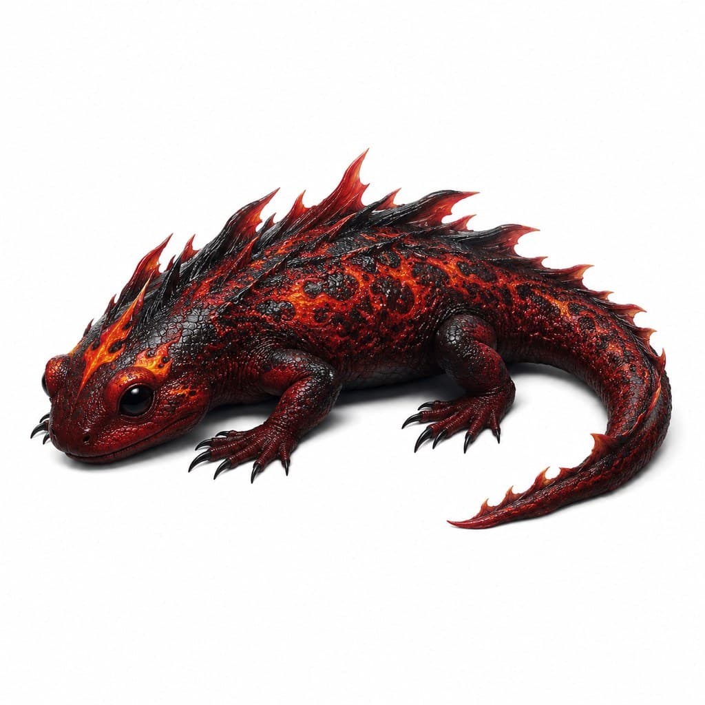 西方魔幻地狱蝾螈暗红鳞火焰纹黑眼全身主视图