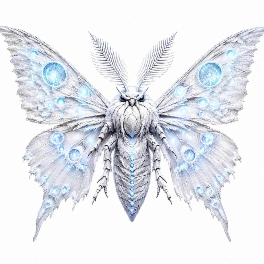 西方魔幻霜蛾白色飞蛾冰蓝光斑全身主视图