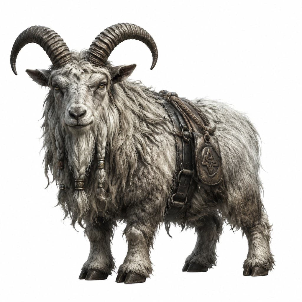 西方魔幻矮人山山羊灰白毛卷角全身主视图