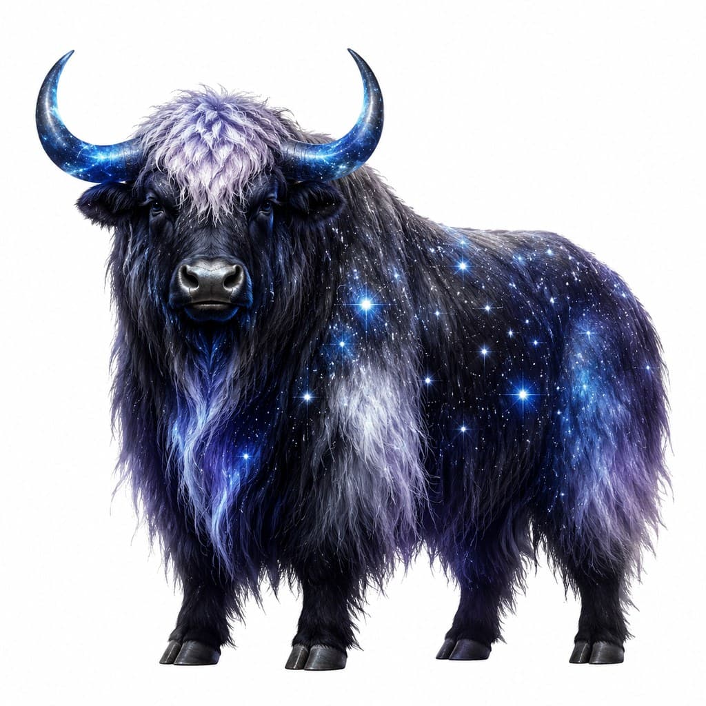 西方魔幻星界牦牛厚毛星点发光角全身主视图