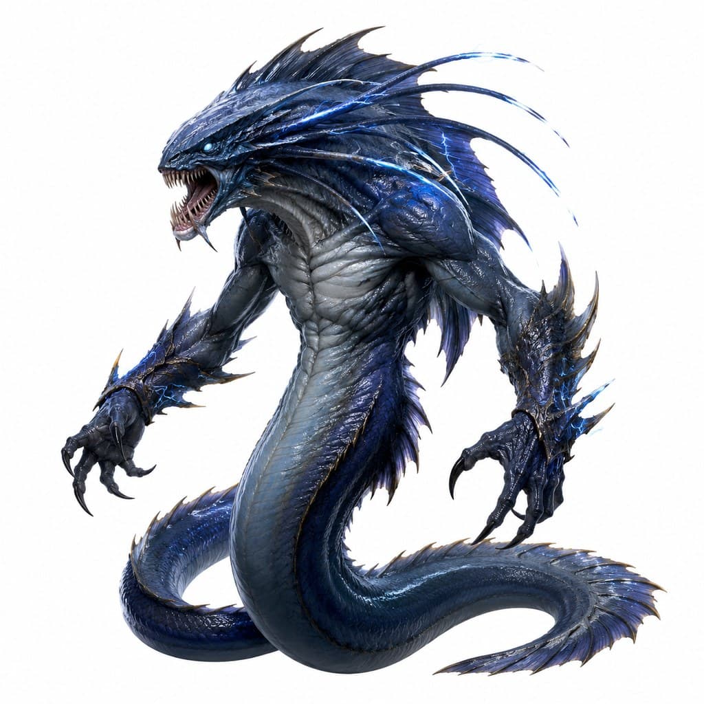 西方魔幻鱼人深海巨鳗光滑鳞电光全身主视图
