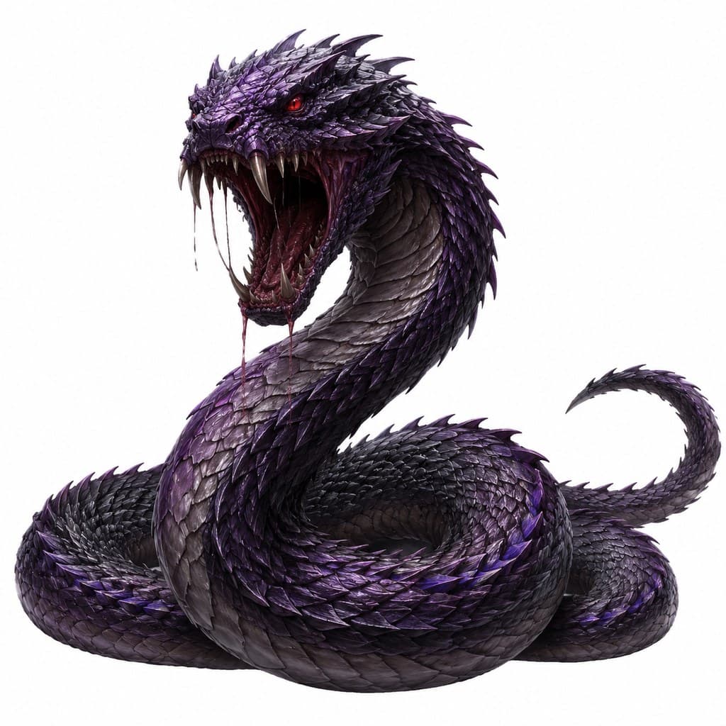 西方魔幻深渊贪食蛇暗紫鳞红眼全身主视图