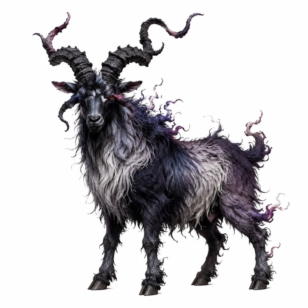 西方魔幻混沌山羊混沌毛色扭曲角全身主视图