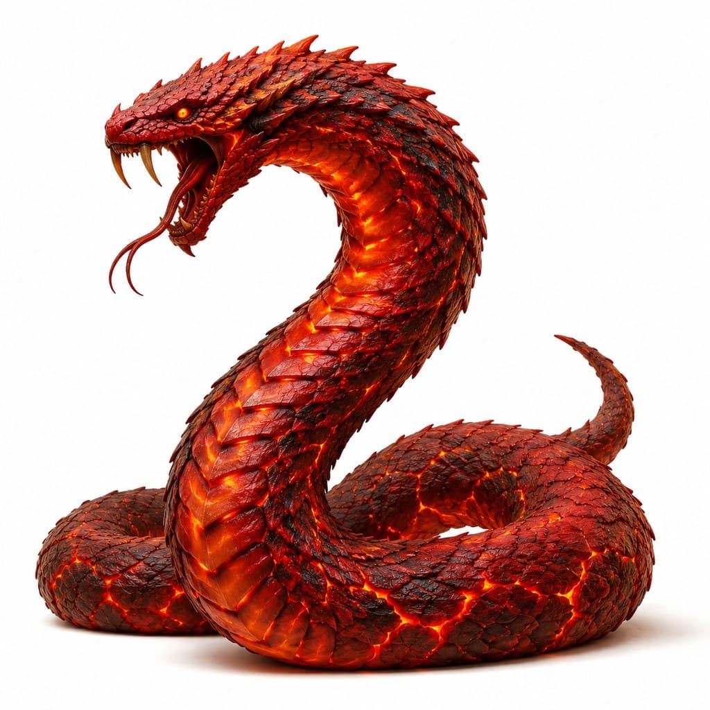 西方魔幻熔岩蛇赤鳞橙眼热气全身主视图