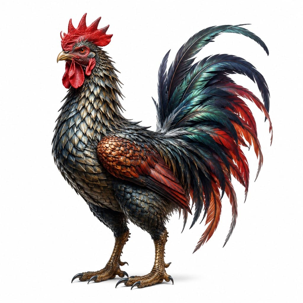 西方魔幻鳞鸡鸡鳞甲红冠彩尾全身主视图