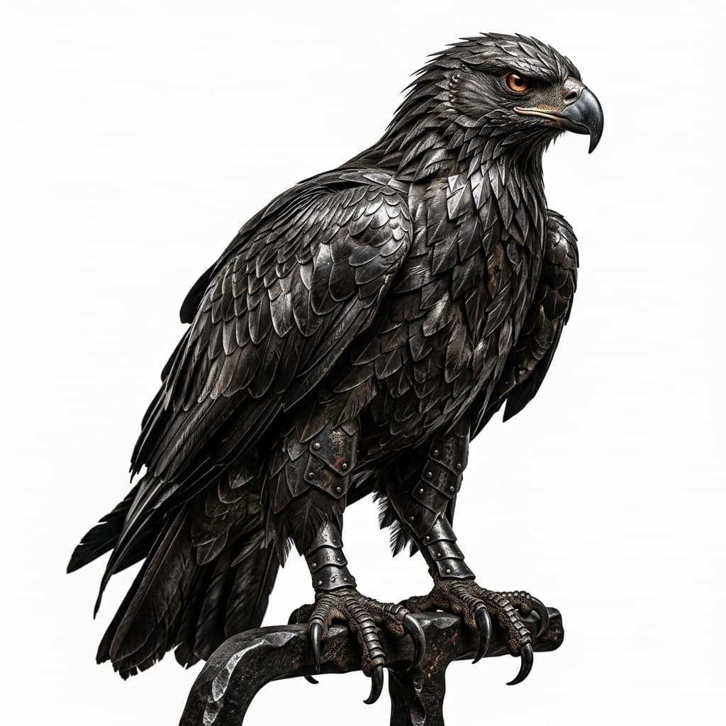西方魔幻铁羽鹰铁色羽毛金属光泽利爪全身主视图