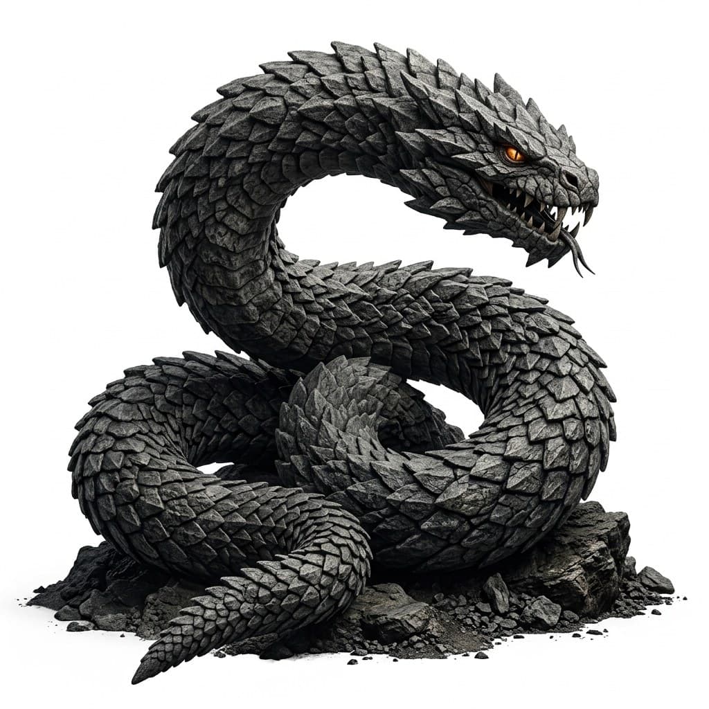 西方魔幻岩蛇灰岩色鳞片石纹盘绕全身主视图