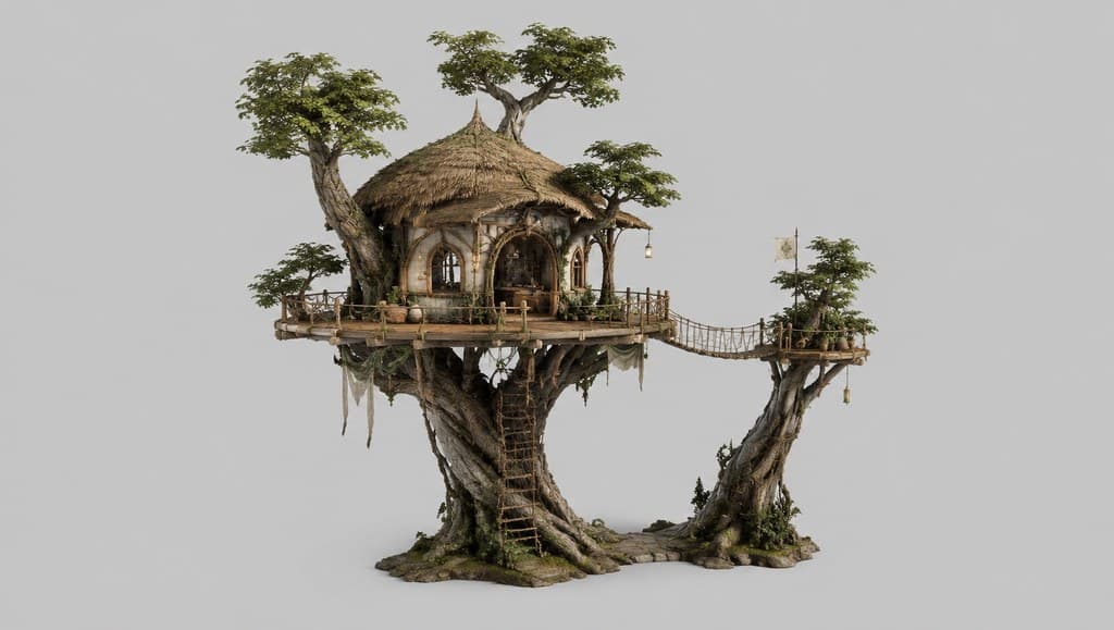 西方魔幻精灵树屋巨树平台藤梯透视效果图