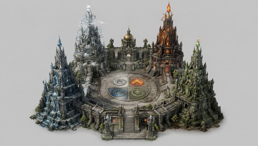 西方魔幻元素圣殿四塔风火水土象征透视效果图