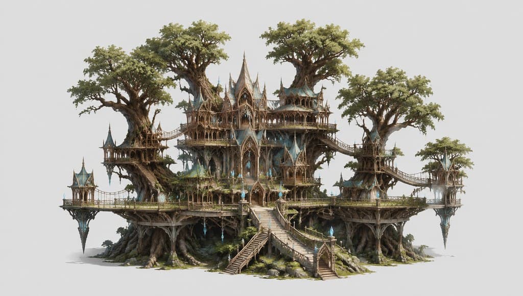 西方魔幻精灵树城巨树桥梁平台透视效果图