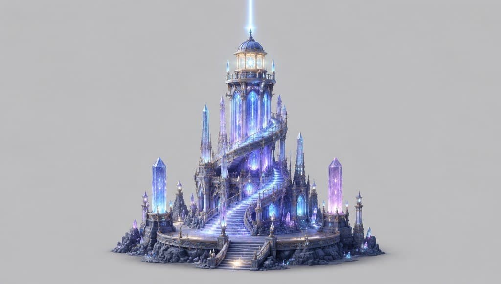 西方魔幻星界灯塔水晶柱发光旋梯透视效果图