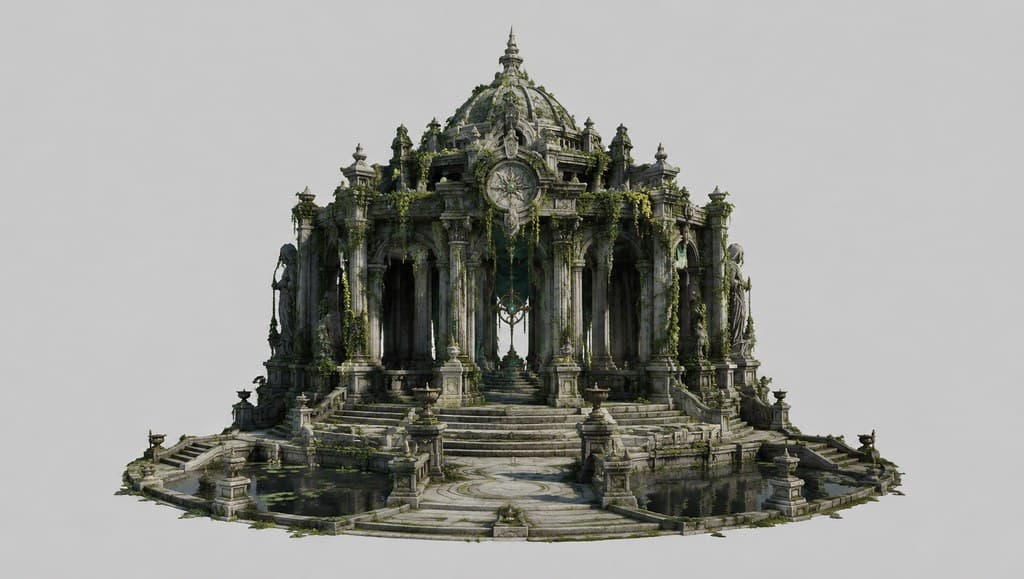 西方魔幻自然神殿藤蔓石柱水池透视效果图